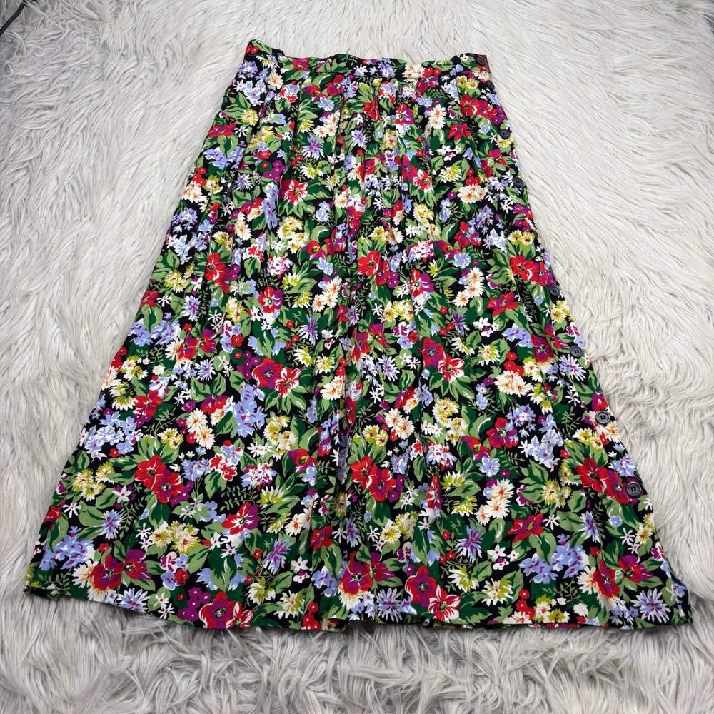 Vintage 90's Liz Claiborne Women's 10P Floral A-line Pleated Midi Skirt Button‎